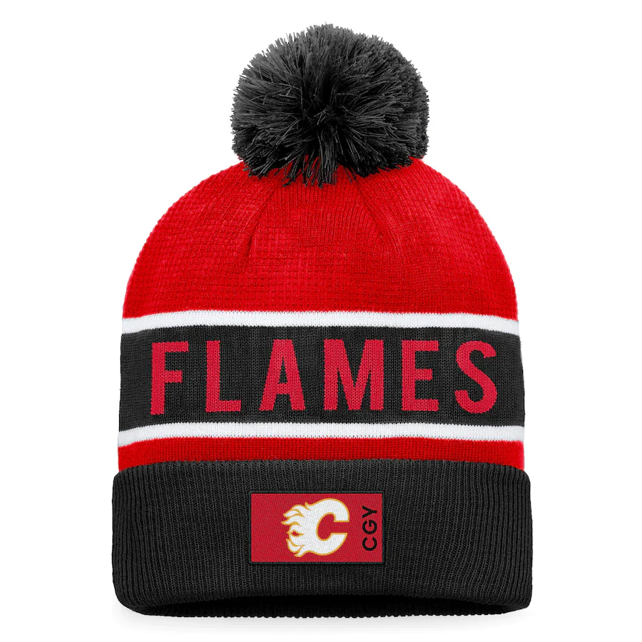 Calgary Flames Fanatics Branded Black/Red 2022 NHL Draft - Authentic Pro Cuffed Knit Toque with Pom