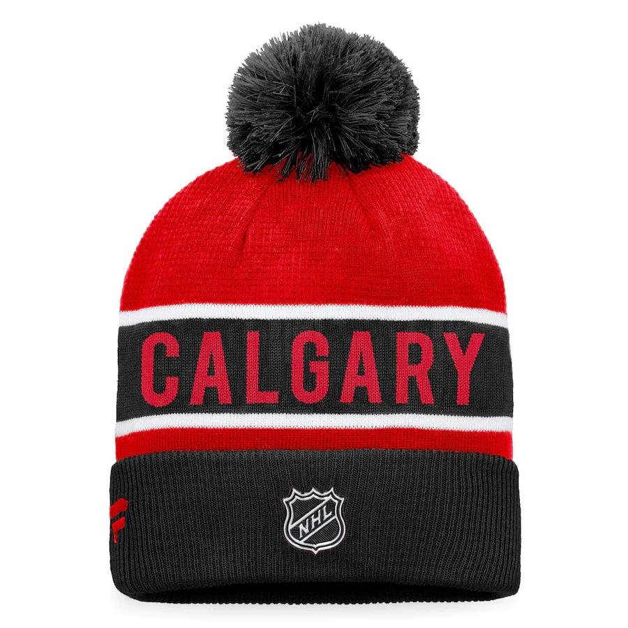 Calgary Flames Fanatics Branded Black/Red 2022 NHL Draft - Authentic Pro Cuffed Knit Toque with Pom - Image 2