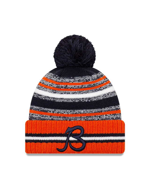 Chicago Bears B Logo New Era 2021 NFL Sideline - Sport Official Pom Cuffed Knit Hat - Orange/Navy