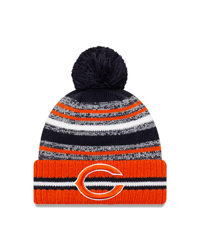 Chicago Bears C Logo New Era 2021 NFL Sideline - Sport Official Pom Cuffed Knit Hat - Orange/Navy