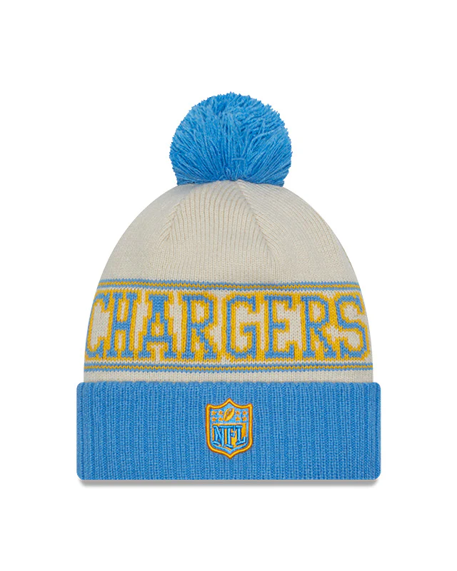 Los Angeles Chargers New Era 2023 Sideline Historic Pom Cuffed Knit Hat - Cream/Blue - Image 2
