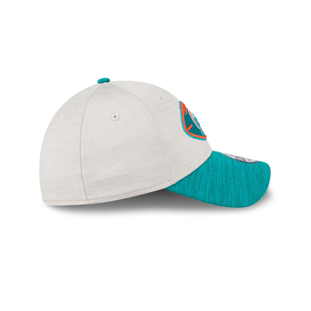 Miami Dolphins New Era 2024 Sideline Historic 39THIRTY Flex Hat - Stone / Turquoise - Image 3