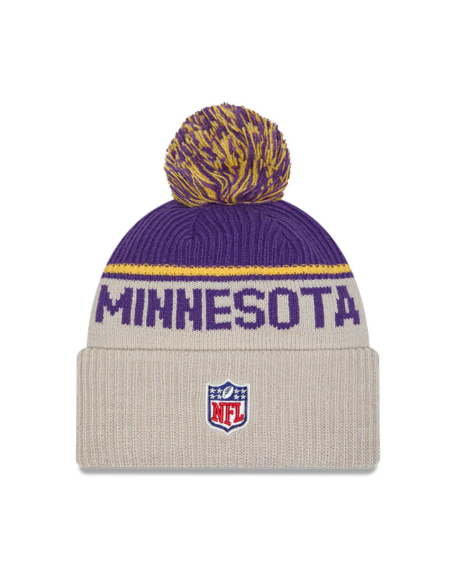 Minnesota Vikings 2024 New Era NFL Sideline Historic Cuffed Pom Knit - Cream - Image 2