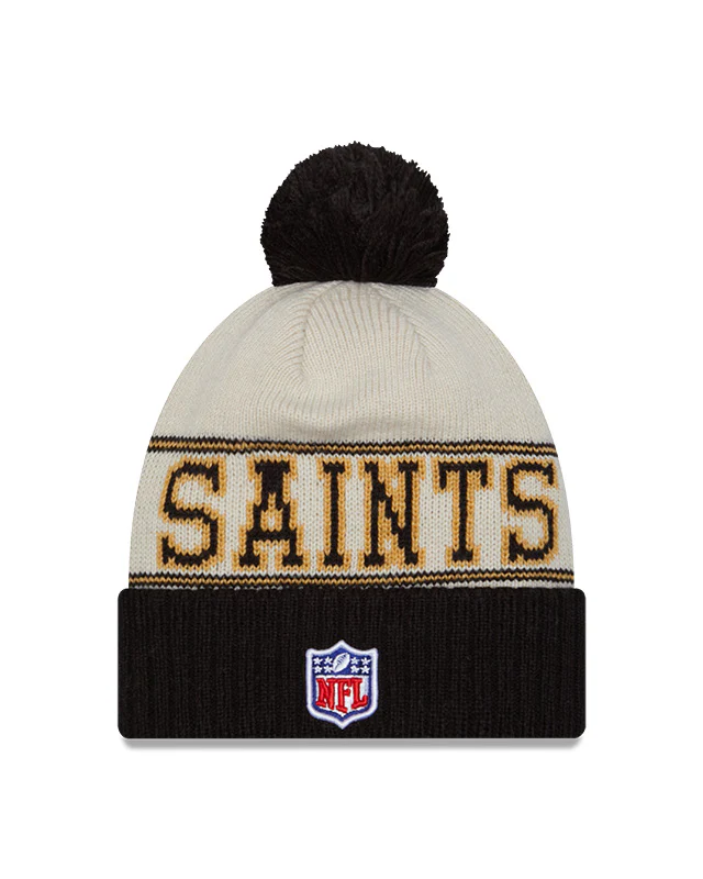 New Orleans Saints New Era 2023 Sideline Historic Pom Cuffed Knit Hat - Cream/Black - Image 2