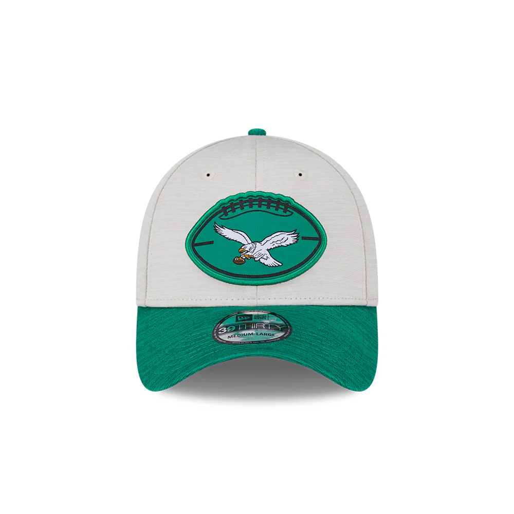 Philadelphia Eagles New Era 2024 Sideline Historic 39THIRTY Flex Hat - Stone / Green - Image 6