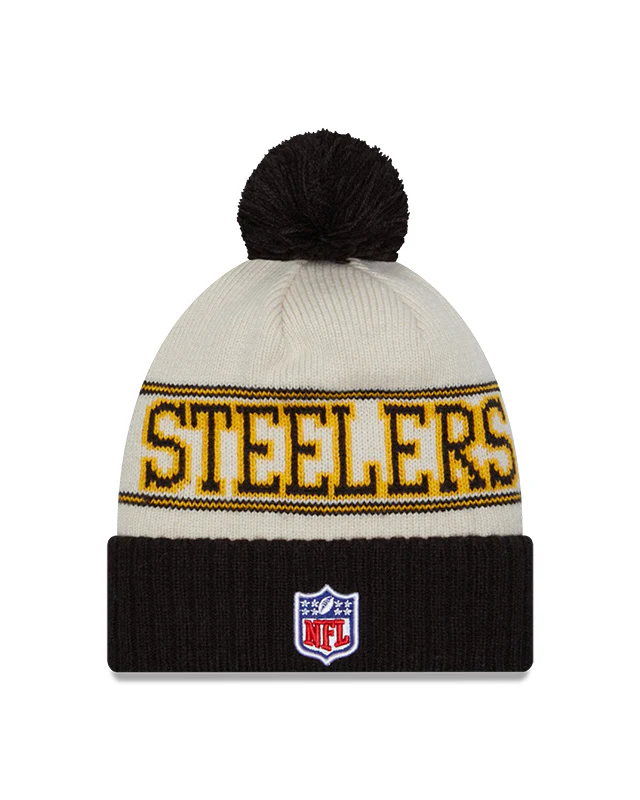 Pittsburgh Steelers New Era 2023 Sideline Historic Pom Cuffed Knit Hat - Cream/Bla - Image 2