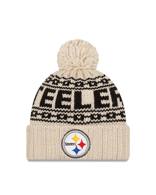 Women's Pittsburgh Steelers New Era 2021 NFL Sideline Pom Cuffed Knit Hat - Natural